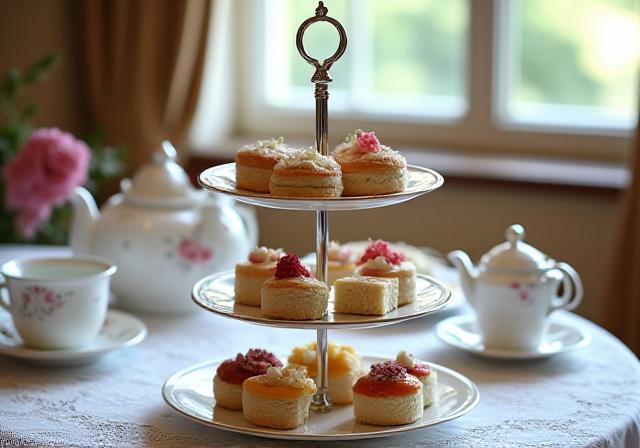 A vintage tiered tea stand with scones and finger sandwiches