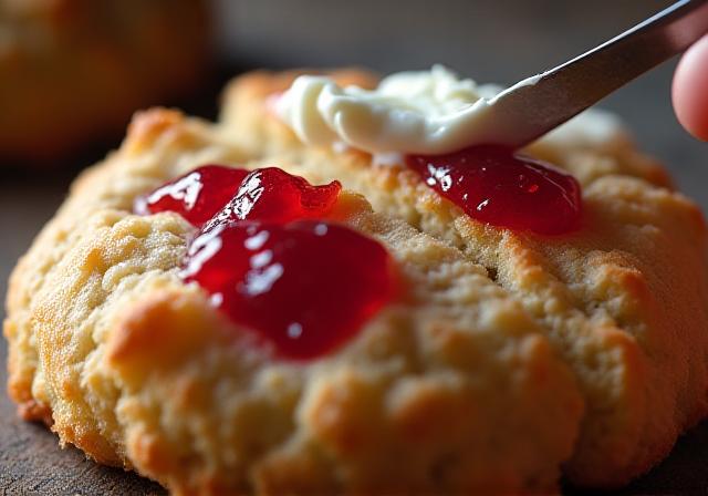 Close up of a freshly baked scone being spread with clotted cream and jam