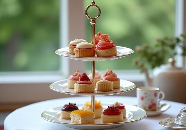 Close up of a beautiful afternoon tea set with tiered cakes at Coral & Crumpets